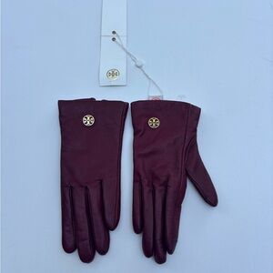 Tory Burch Deep Burgundy Leather Gloves with Gold Emblem